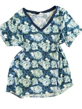 LuLaRoe Women's Floral Short Sleeve Comfy Tee Christy Tee Blue roses V Neck XL